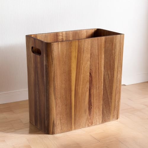 LiTY 3 Gallons Wooden Wastebaskets Solid Acacia Wood Waste Basket with Handles Rectangular Trash Can Garbage Bin for Bedroom Bathroom Kitchen Living Room Office Decorative - Image 1