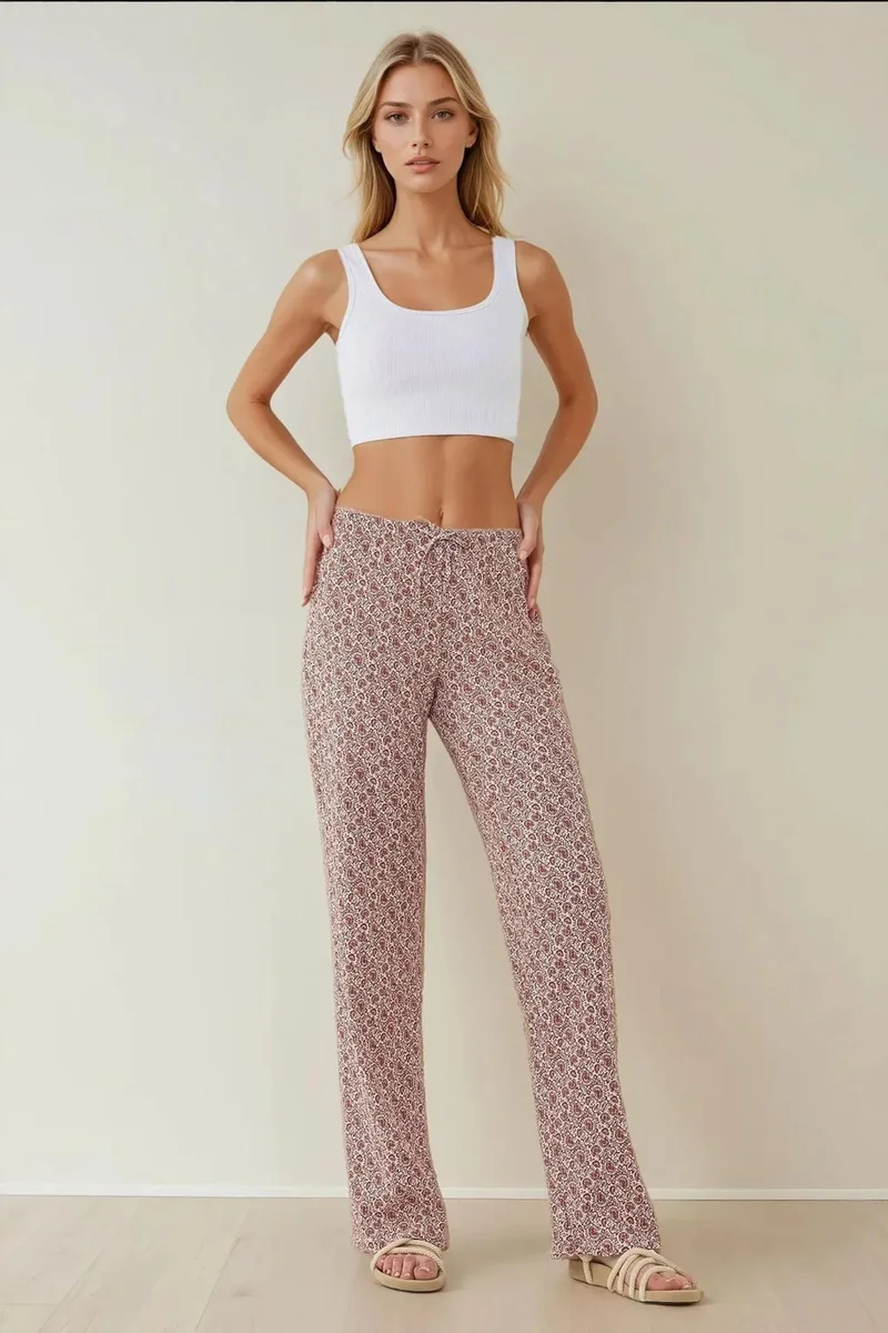 Hiccup Dusty Rose Pink Wide Leg Patterned Relaxed Pants for Women | Best Price UAE