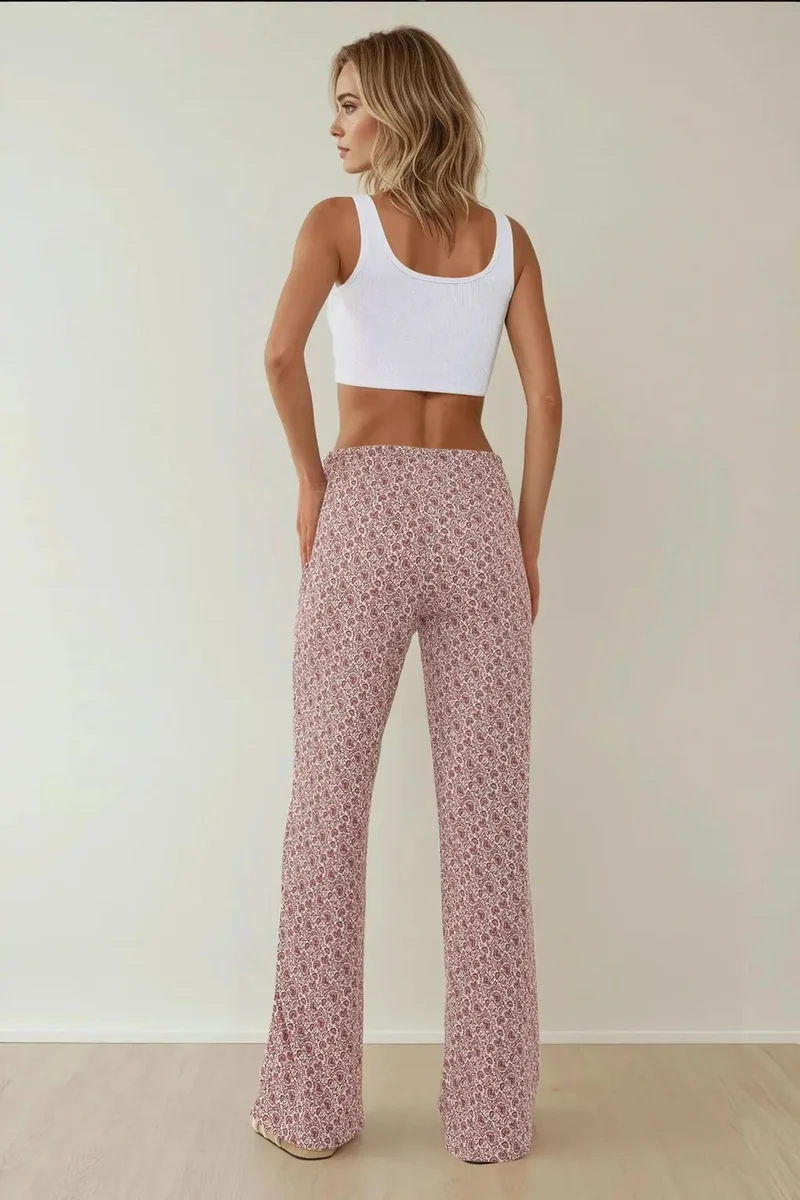 Hiccup Dusty Rose Pink Wide Leg Patterned Relaxed Pants for Women | Best Price UAE