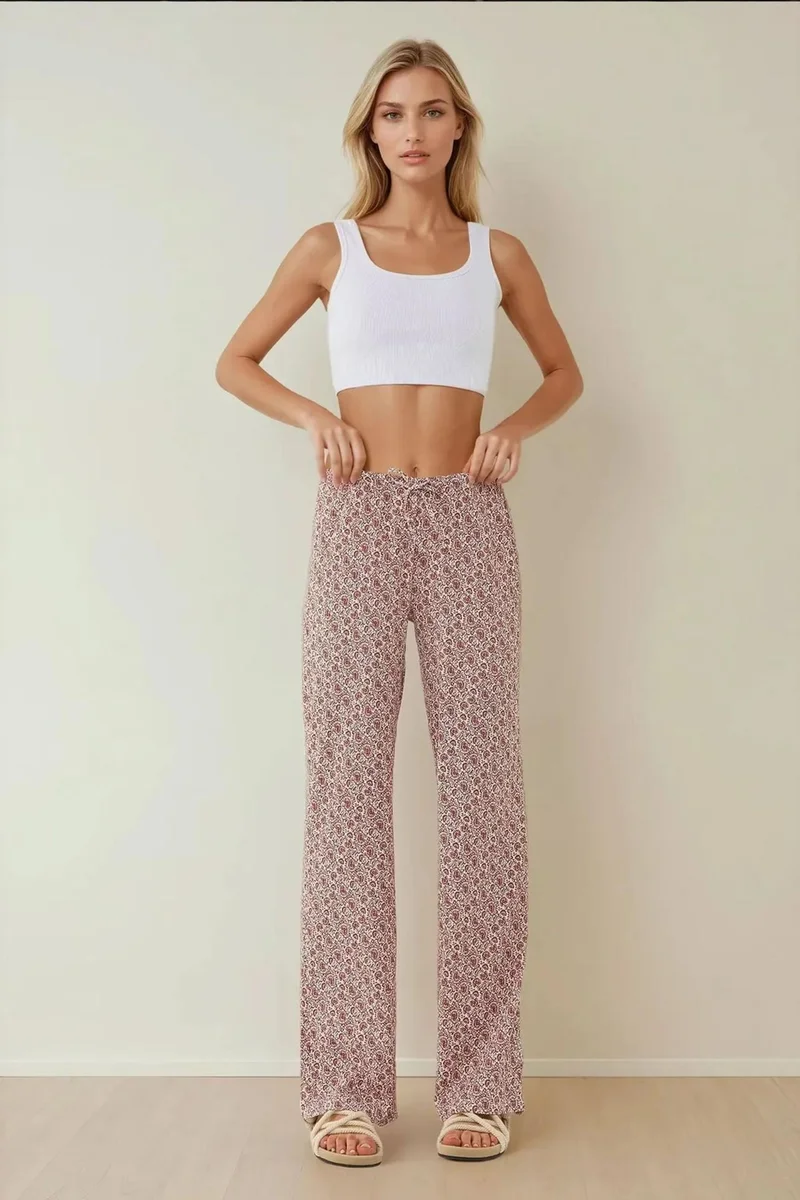Hiccup Dusty Rose Pink Wide Leg Patterned Relaxed Pants for Women | Best Price UAE