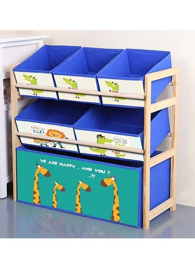 Beauenty Solid Wood Toy Organizer Rack with 6 Toy Storage Bins, 25x11x24 Inch, Multi Bins Toy Storage For Nursery Kids Baby, Can Be Placed In The Living Room, Kids Room,etc (Blue) 