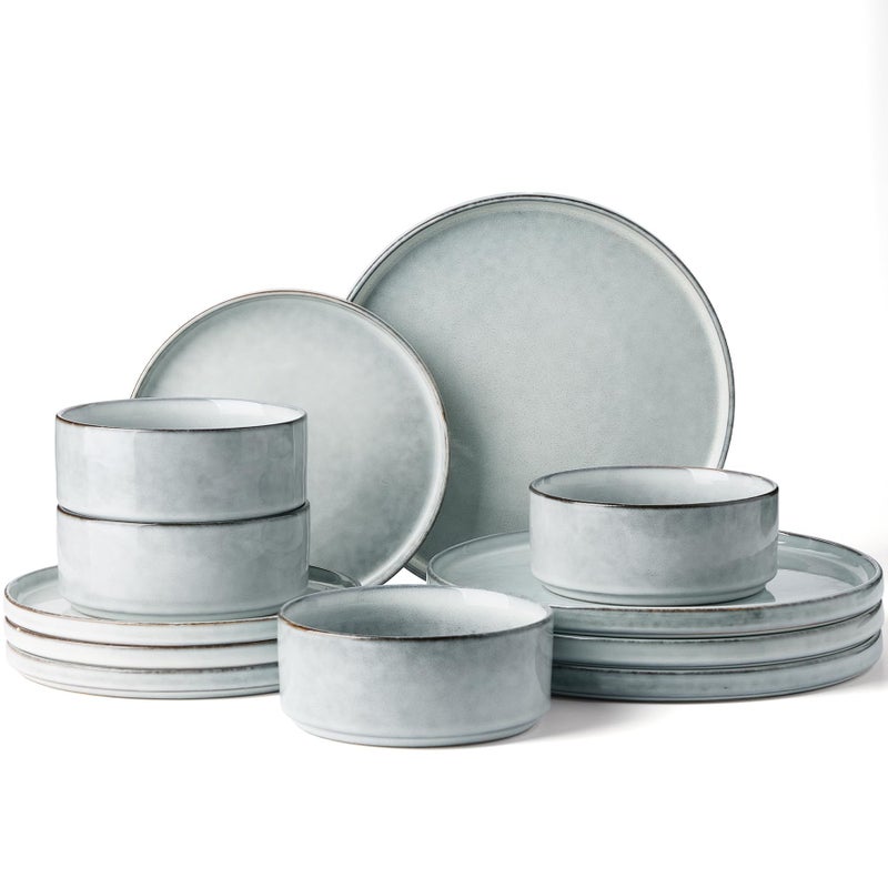 Famiware Annecy Plates and Bowls Sets, 12 Pieces Dinnerware Sets, Microwave and Dishwasher Safe Dishes Set for 4, Chip and Scratch Resistant, Grey-Blue - Image 1