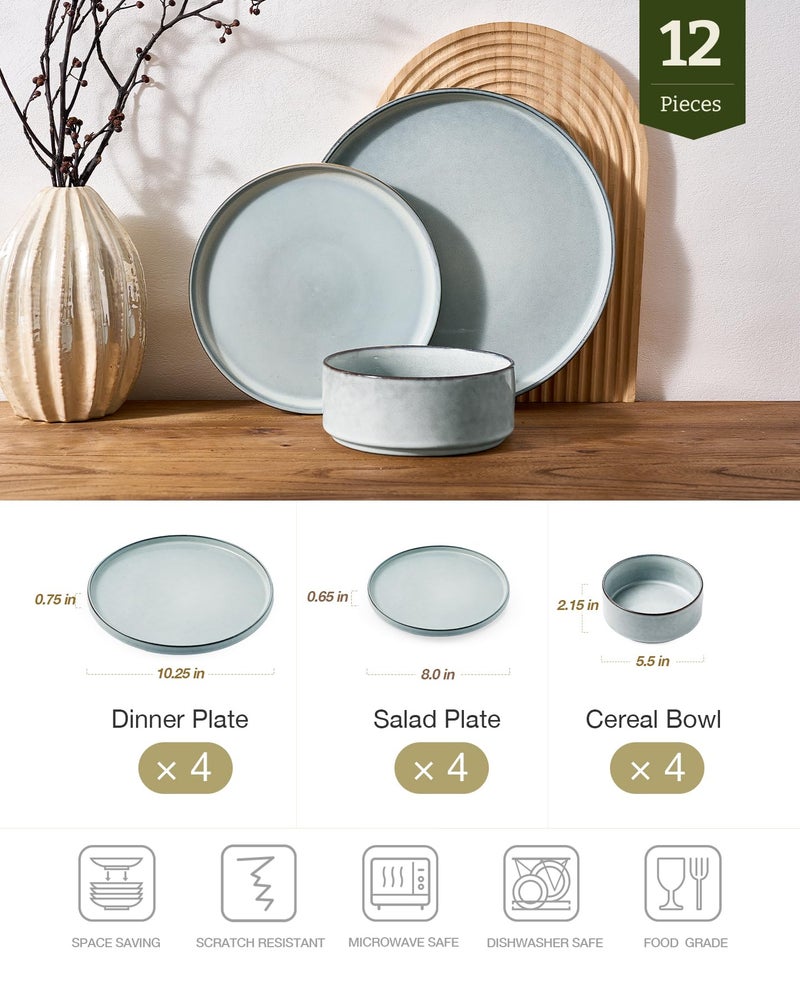 Famiware Annecy Plates and Bowls Sets, 12 Pieces Dinnerware Sets, Microwave and Dishwasher Safe Dishes Set for 4, Chip and Scratch Resistant, Grey-Blue - Image 2