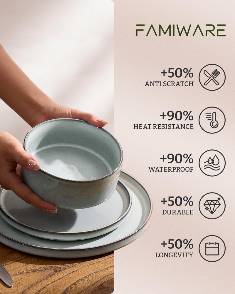 Famiware Annecy Plates and Bowls Sets, 12 Pieces Dinnerware Sets, Microwave and Dishwasher Safe Dishes Set for 4, Chip and Scratch Resistant, Grey-Blue - Image 5