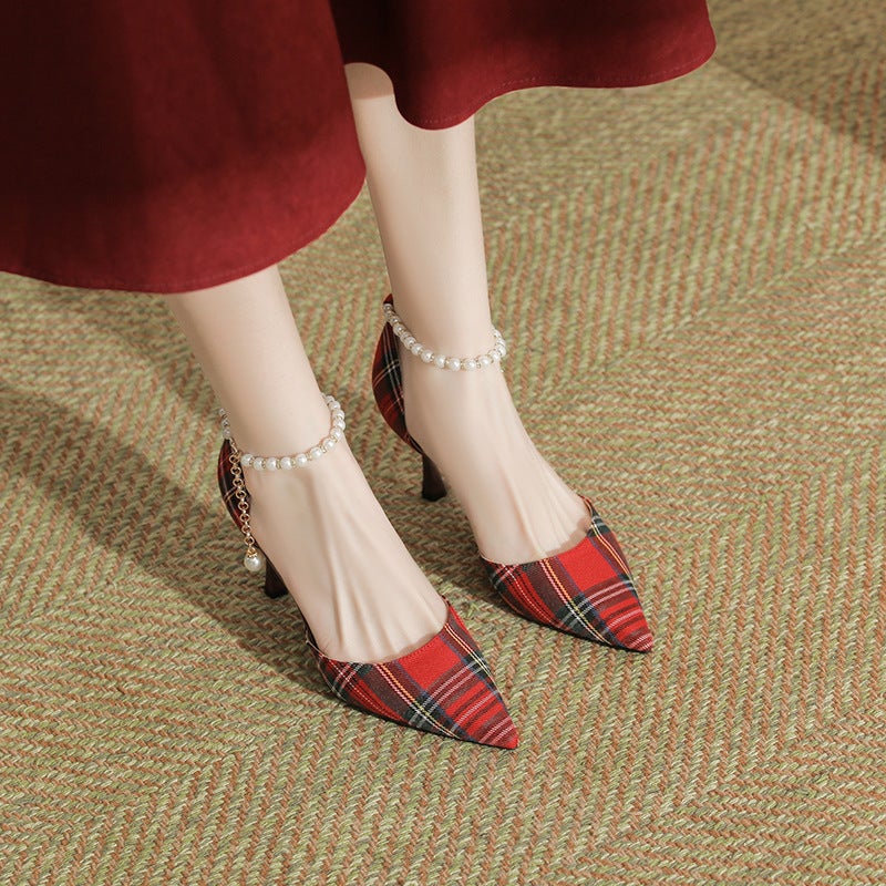 Zfg Pearl Strap Sandals Hole Shoes Pointed Shallow Stiletto Heel All-Match Single-Layer Shoes Women'S Size 31-44 - Image 1