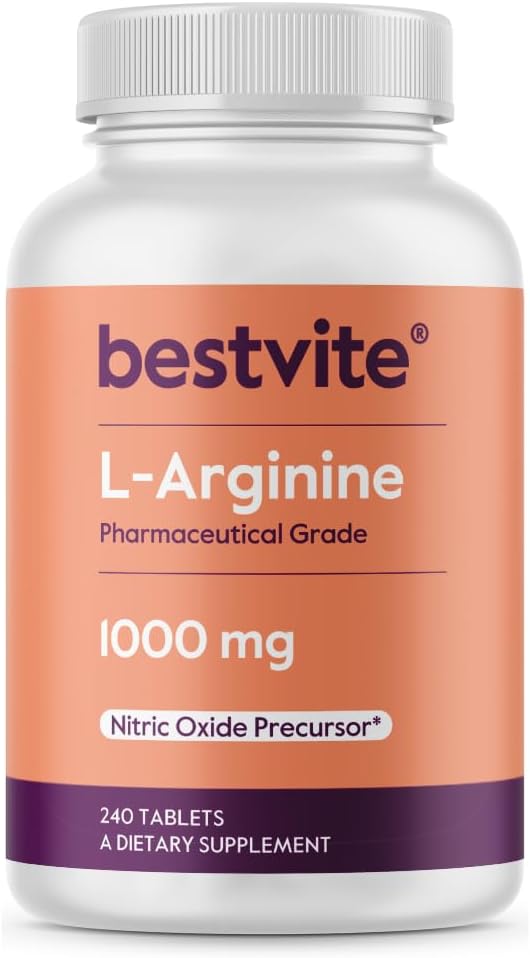 BESTVITE LArginine 1000mg per Tablet 240 Tablets  Pharmaceutical Grade  Contains 20 More Pure Arginine Compared to Arginine HCl  Nitric Oxide Precursor - Image 1
