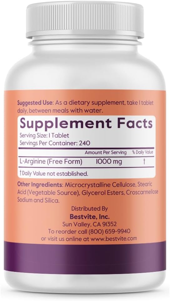 BESTVITE LArginine 1000mg per Tablet 240 Tablets  Pharmaceutical Grade  Contains 20 More Pure Arginine Compared to Arginine HCl  Nitric Oxide Precursor - Image 2