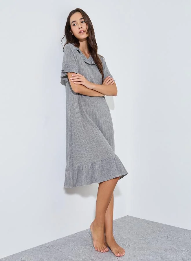 Styli Grey Ribbed V Neck Ruffle Detail Nightdress