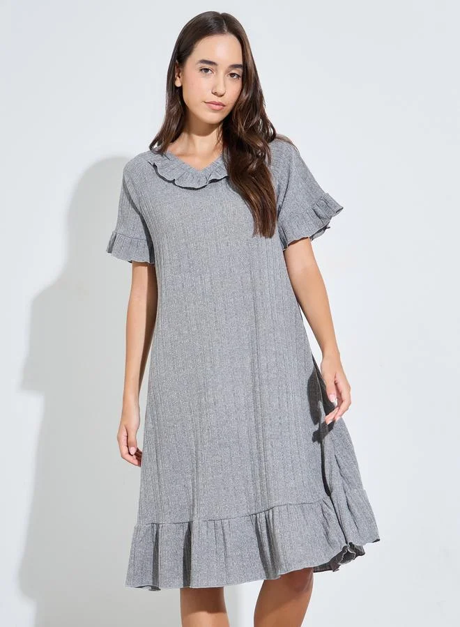 Styli Grey Ribbed V Neck Ruffle Detail Nightdress