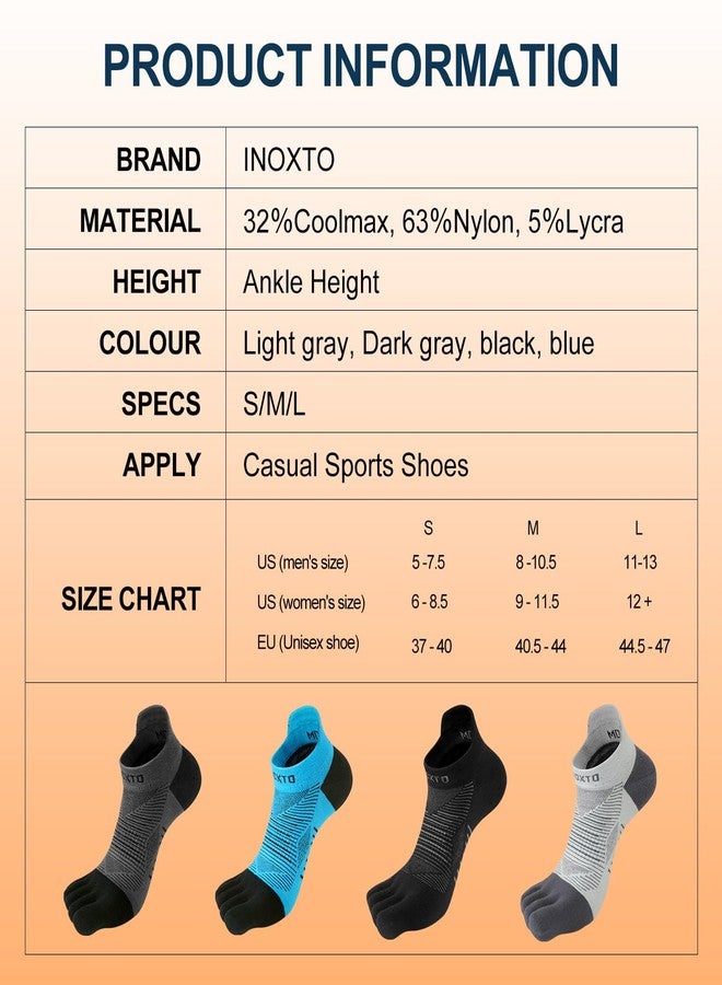 INOXTO Running Toe Socks for Men Women Professional Breathable Five Finger Coolmax Socks for Athletic Barefoot 4 Pairs (US, Alpha, Medium, Regular, Short, Black,Grey,Dark grey,Blue) - Image 4