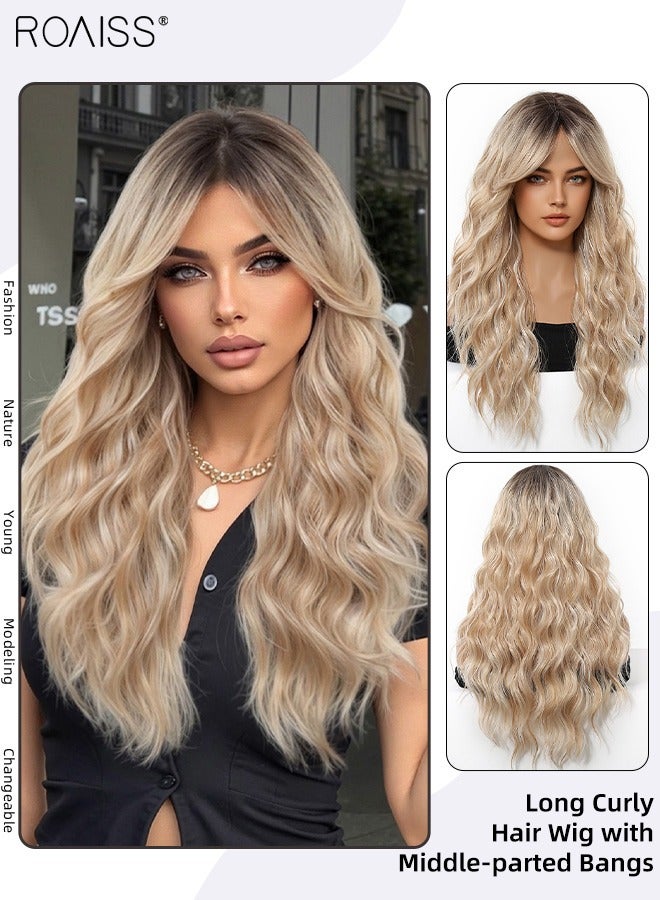 رويس باروكة شعر مستعار طويل مجعد مع غرة منقسمة من المنتصف للنساء، شعر مستعار صناعي ناعم طبيعي مقاوم للحرارة لحفلات الزفاف والتنكر للاستخدام اليومي، ذهبي متدرج، 61 سم (24 بوصة) - Image 1
