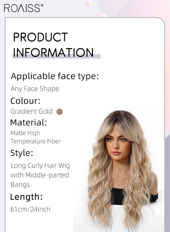 رويس باروكة شعر مستعار طويل مجعد مع غرة منقسمة من المنتصف للنساء، شعر مستعار صناعي ناعم طبيعي مقاوم للحرارة لحفلات الزفاف والتنكر للاستخدام اليومي، ذهبي متدرج، 61 سم (24 بوصة) - Image 2