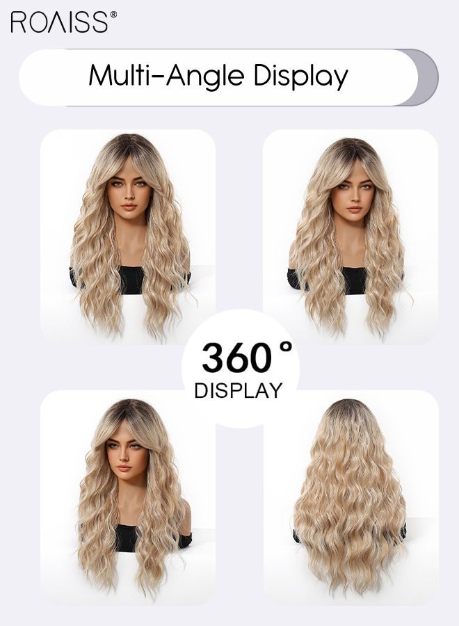 رويس باروكة شعر مستعار طويل مجعد مع غرة منقسمة من المنتصف للنساء، شعر مستعار صناعي ناعم طبيعي مقاوم للحرارة لحفلات الزفاف والتنكر للاستخدام اليومي، ذهبي متدرج، 61 سم (24 بوصة) - Image 3