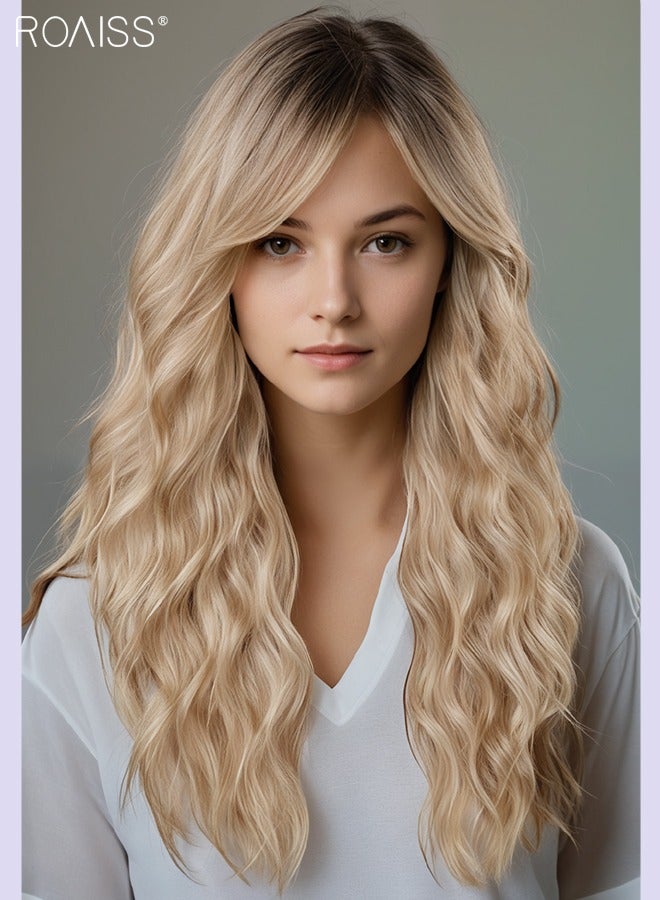 رويس باروكة شعر مستعار طويل مجعد مع غرة منقسمة من المنتصف للنساء، شعر مستعار صناعي ناعم طبيعي مقاوم للحرارة لحفلات الزفاف والتنكر للاستخدام اليومي، ذهبي متدرج، 61 سم (24 بوصة) - Image 4