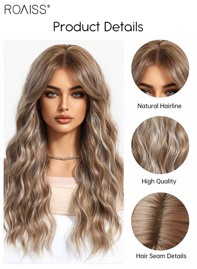 رويس باروكة شعر مستعار طويل مجعد مع غرة منقسمة من المنتصف للنساء، شعر مستعار صناعي ناعم طبيعي مقاوم للحرارة لحفلات الزفاف والتنكر للاستخدام اليومي، ذهبي متدرج، 61 سم (24 بوصة) - Image 5