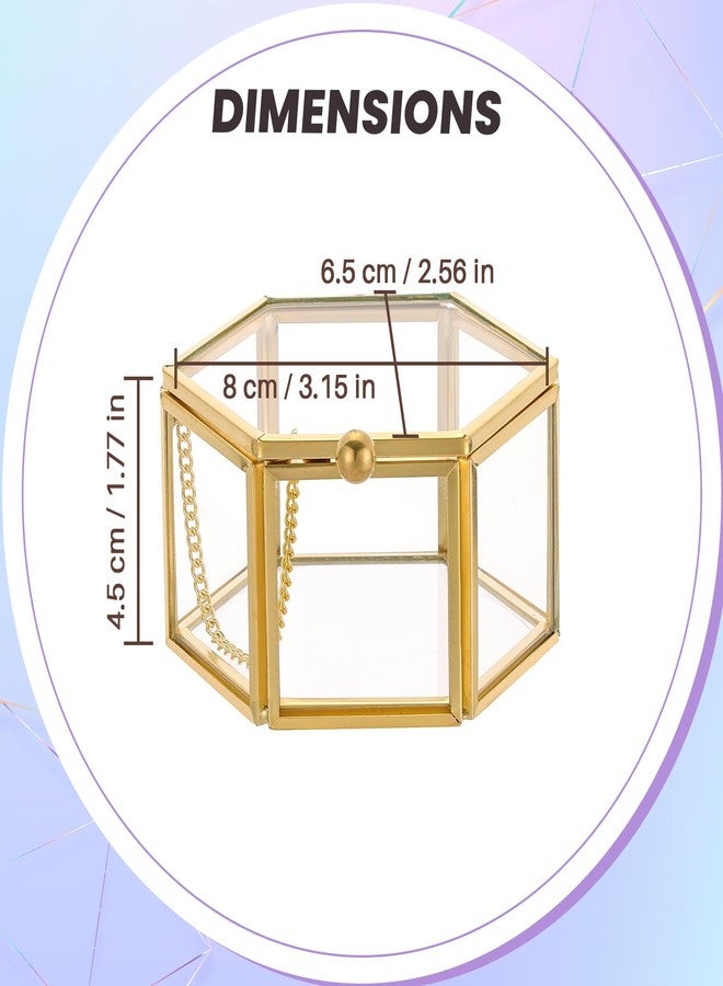 MAOPINER علبة مجوهرات زجاجية ذهبية عتيقة من ماوبينر، 3.1 × 2.5 × 1.7 بوصة، علبة خواتم زجاجية، علبة مجوهرات سداسية صغيرة بغطاء، علبة تذكارية شفافة للعرض والتخزين - Image 2
