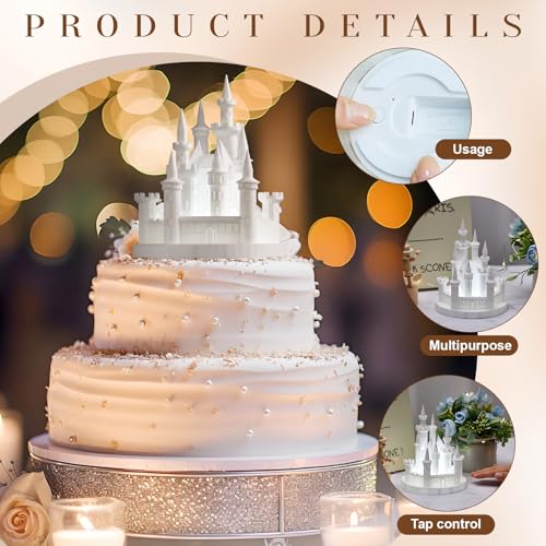 Baquler Castle Cake Topper Figurine Wedding Cake Topper Birthday Castle Night Light USB Rechargeable Princess Night Light for Wedding Birthday Party Decor (White) - Image 3