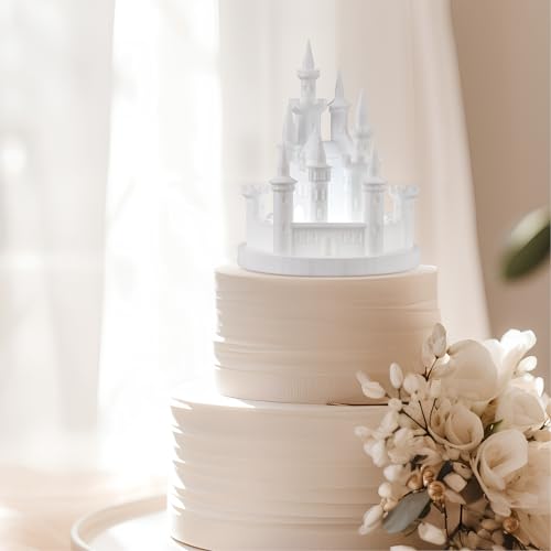 Baquler Castle Cake Topper Figurine Wedding Cake Topper Birthday Castle Night Light USB Rechargeable Princess Night Light for Wedding Birthday Party Decor (White) - Image 1