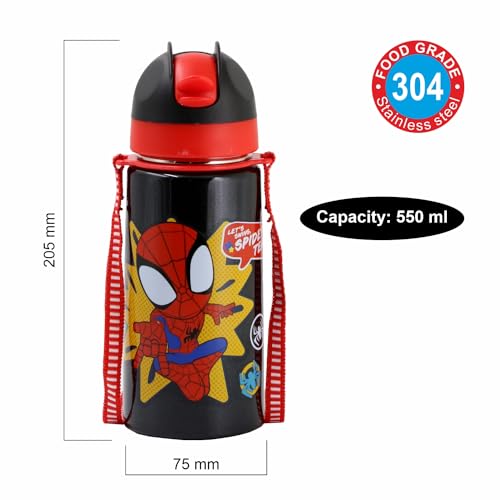 SKi Homeware TANGO Stainless Steel-304 grade Water Bottle for School, Kids favourite character prints | wide mouth | leak proof sipper | light weight | BPA Free & Food Grade - 550ML (Spidey Team) - Image 3
