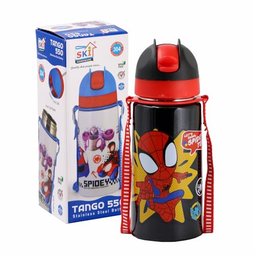 SKi Homeware TANGO Stainless Steel-304 grade Water Bottle for School, Kids favourite character prints | wide mouth | leak proof sipper | light weight | BPA Free & Food Grade - 550ML (Spidey Team) - Image 2