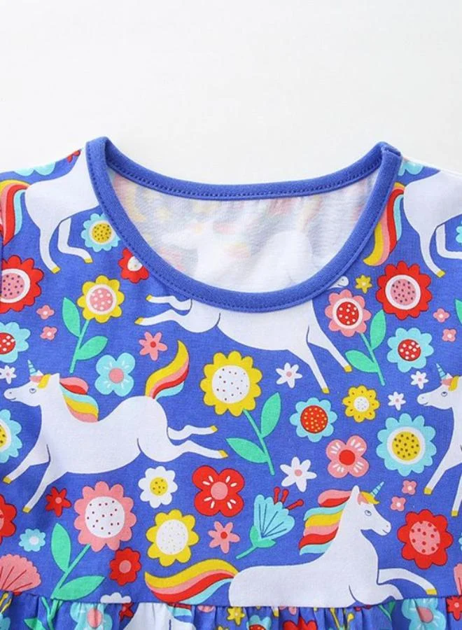 يونيكي Blue Fit & Flare Crew Neck Printed Dress