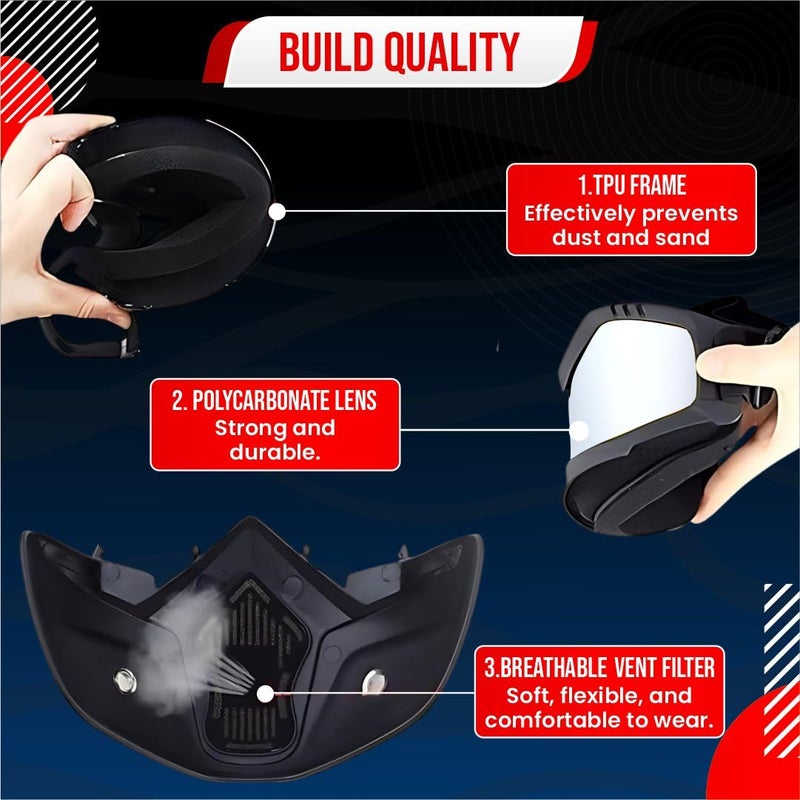 Btag Anti Scratch UV Protective Motorcycle Face Mask with Detachable Goggles | Anti-Fog UV Protection Riding Mask with Removable Breathable Filter | Full Face Windproof Shield for Biking.(Silver) - Image 5