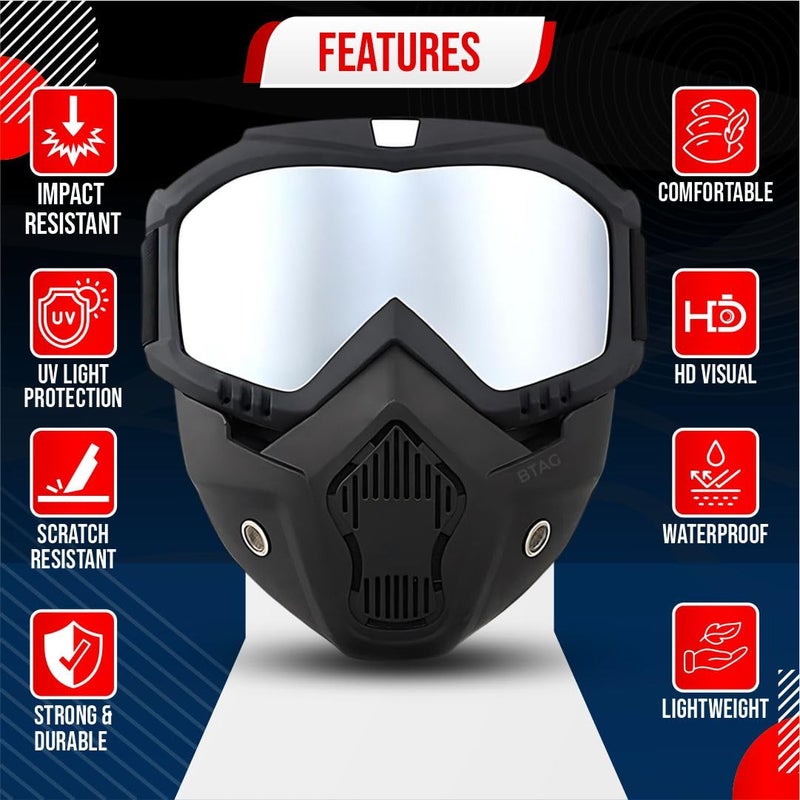 Btag Anti Scratch UV Protective Motorcycle Face Mask with Detachable Goggles | Anti-Fog UV Protection Riding Mask with Removable Breathable Filter | Full Face Windproof Shield for Biking.(Silver) - Image 2