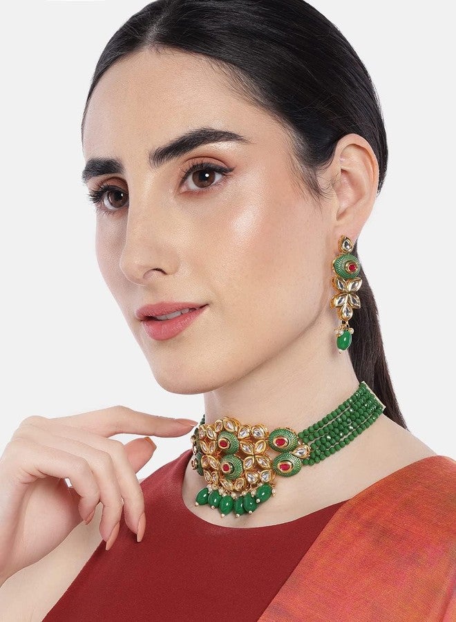 ACCESSHER Gold-toned Kundan and green enamel jewelry set, embellished with emerald beads, designed for women and girls, offering elegance for every special occasion. - Image 2