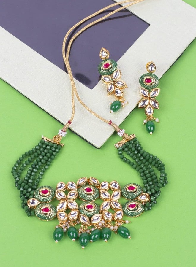 ACCESSHER Gold-toned Kundan and green enamel jewelry set, embellished with emerald beads, designed for women and girls, offering elegance for every special occasion. - Image 3