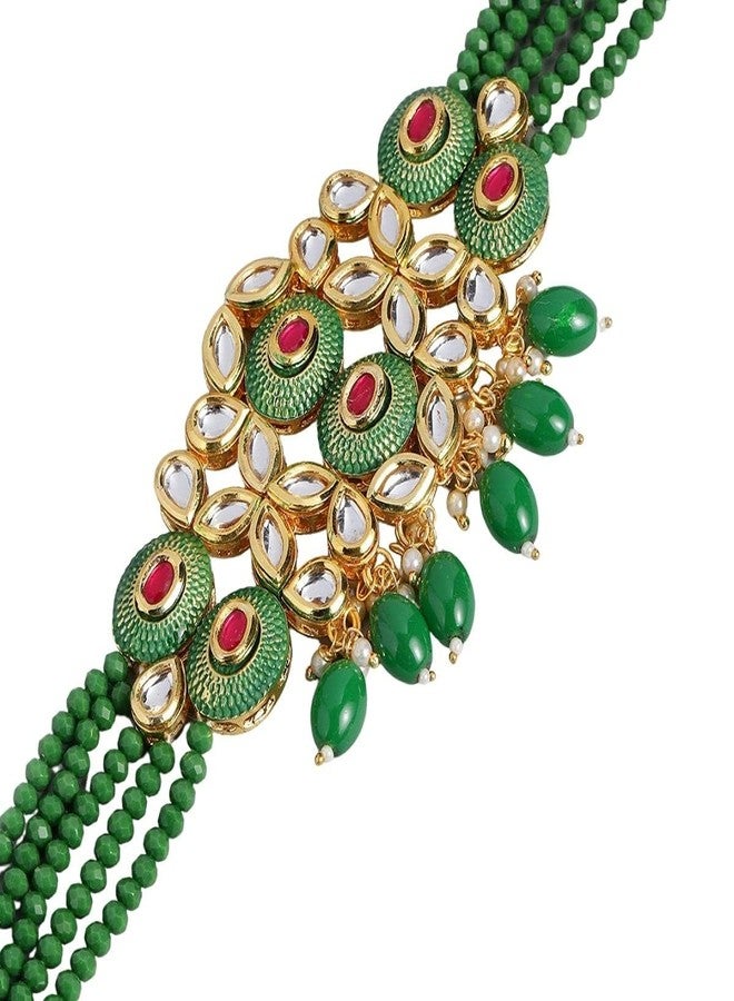 ACCESSHER Gold-toned Kundan and green enamel jewelry set, embellished with emerald beads, designed for women and girls, offering elegance for every special occasion. - Image 4