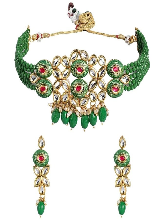 ACCESSHER Gold-toned Kundan and green enamel jewelry set, embellished with emerald beads, designed for women and girls, offering elegance for every special occasion. - Image 1
