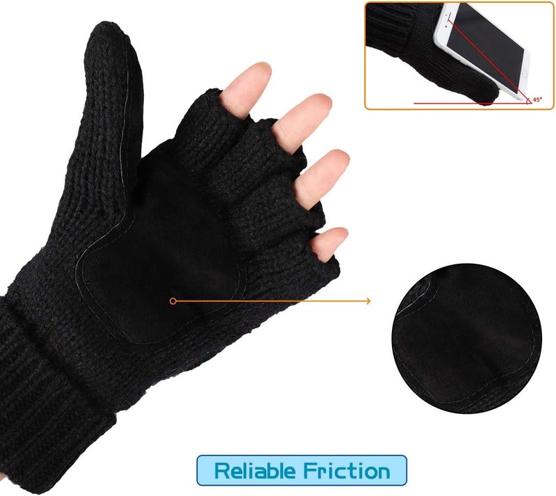 OMECHY Winter Knitted Fingerless Wool Gloves Thermal Insulation Warm Convertible Mittens Flap Cover for Men Women - Image 2
