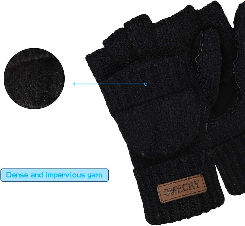 OMECHY Winter Knitted Fingerless Wool Gloves Thermal Insulation Warm Convertible Mittens Flap Cover for Men Women - Image 4