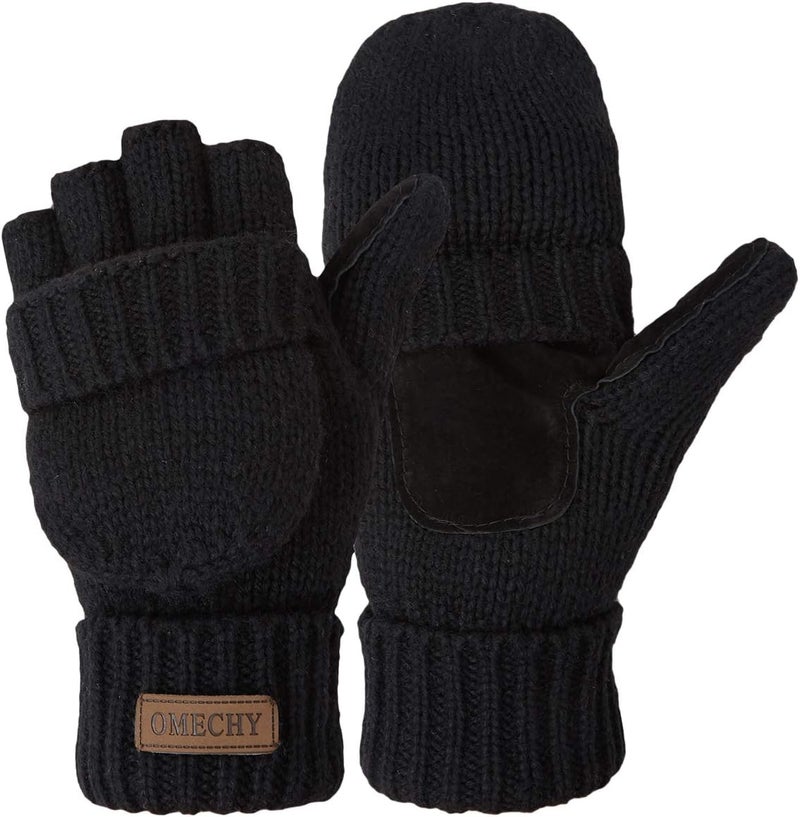 OMECHY Winter Knitted Fingerless Wool Gloves Thermal Insulation Warm Convertible Mittens Flap Cover for Men Women - Image 1