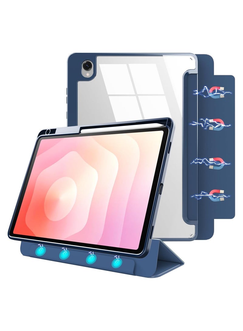 Smart Protective Case Compatible with Samsung Galaxy Tab S11 11-inch 2025 Model Magnetic Detachable Transparent PC Back Panel Supports Auto Wake/Sleep Tri-Fold Leather Flip Cover