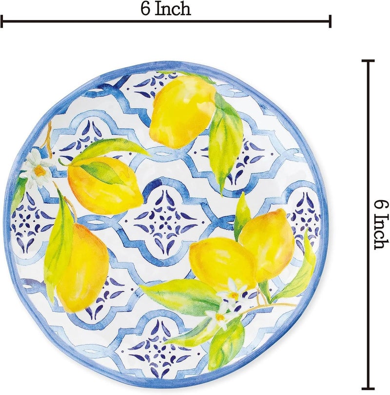 UP UPware Lovely Lemons Melamine Round Dessert Plates Small Serving Plates for Appetizer Snacks and Side Dishes Blue and Yellow 6 Inch Set of 4 - Image 2
