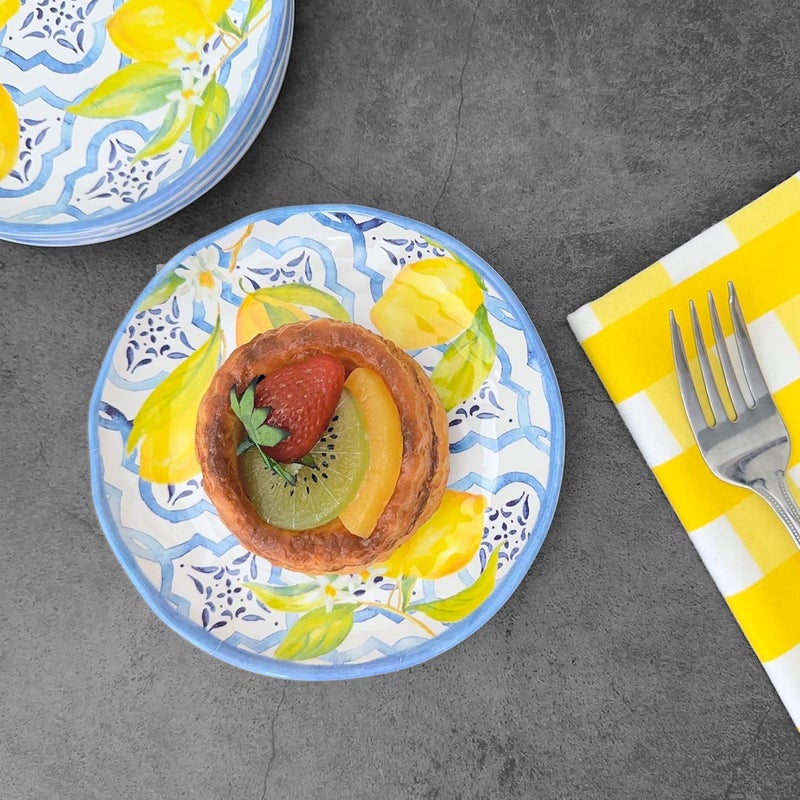 UP UPware Lovely Lemons Melamine Round Dessert Plates Small Serving Plates for Appetizer Snacks and Side Dishes Blue and Yellow 6 Inch Set of 4 - Image 5
