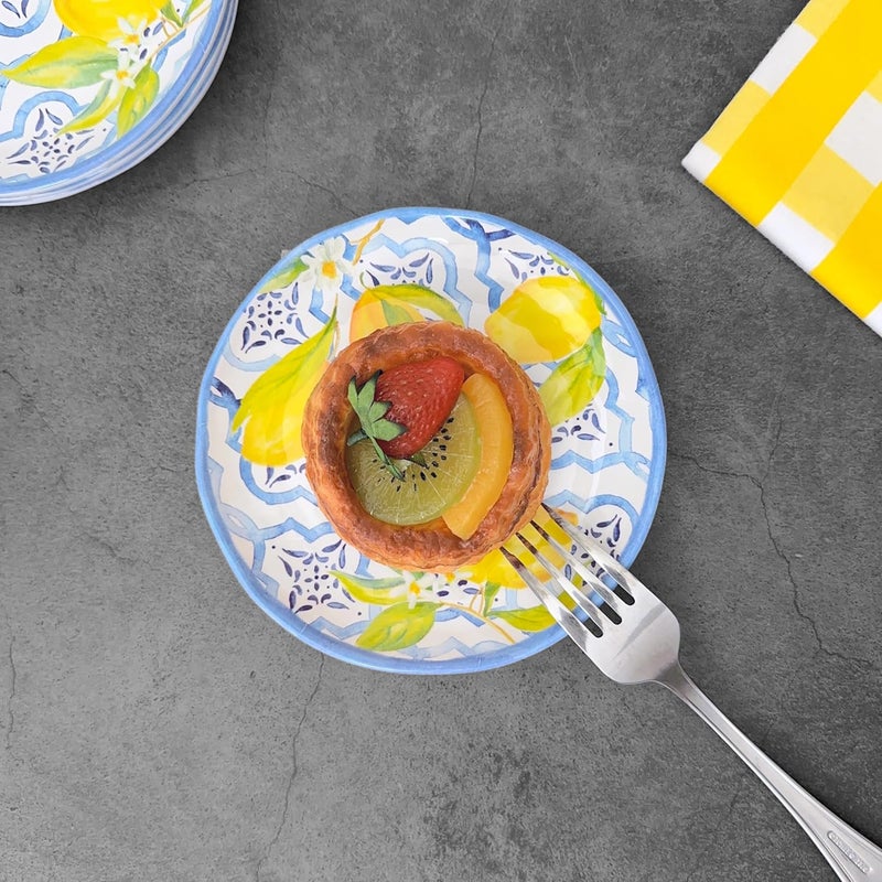 UP UPware Lovely Lemons Melamine Round Dessert Plates Small Serving Plates for Appetizer Snacks and Side Dishes Blue and Yellow 6 Inch Set of 4 - Image 4