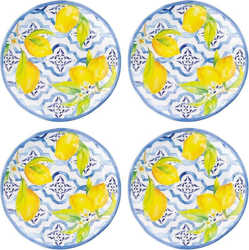 UP UPware Lovely Lemons Melamine Round Dessert Plates Small Serving Plates for Appetizer Snacks and Side Dishes Blue and Yellow 6 Inch Set of 4 - Image 1