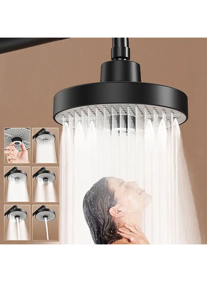 175 Mm Big Panel Showerhead 5 Mode Supercharge Rainfall Shower Head High Pressure Wall Mounted Round Design Black Plastic Bathroom Accessories Modern Bathroom No Electricity Needed Easy Installation Sleek - Image 1