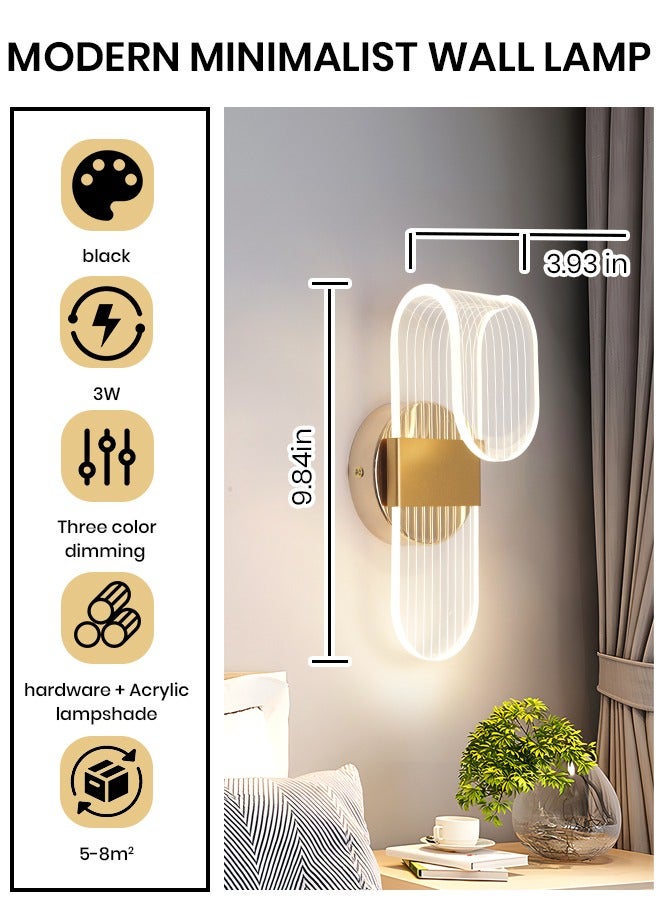 YATAI LIGHTING مصباح حائط ذهبي حديث، 3 واط قابل للتعديل مع ثلاث درجات إضاءة (3000K-6000K)، 9.84 × 3.93 بوصة لغرفة النوم، الممر، وغرفة المعيشة - Image 2