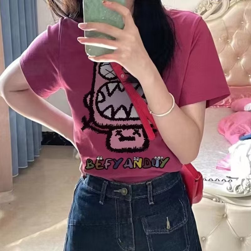 Creative Printed Short-Sleeved T-Shirt For Girls In Summer Design Niche Style Versatile Right Shoulder Top - Image 3