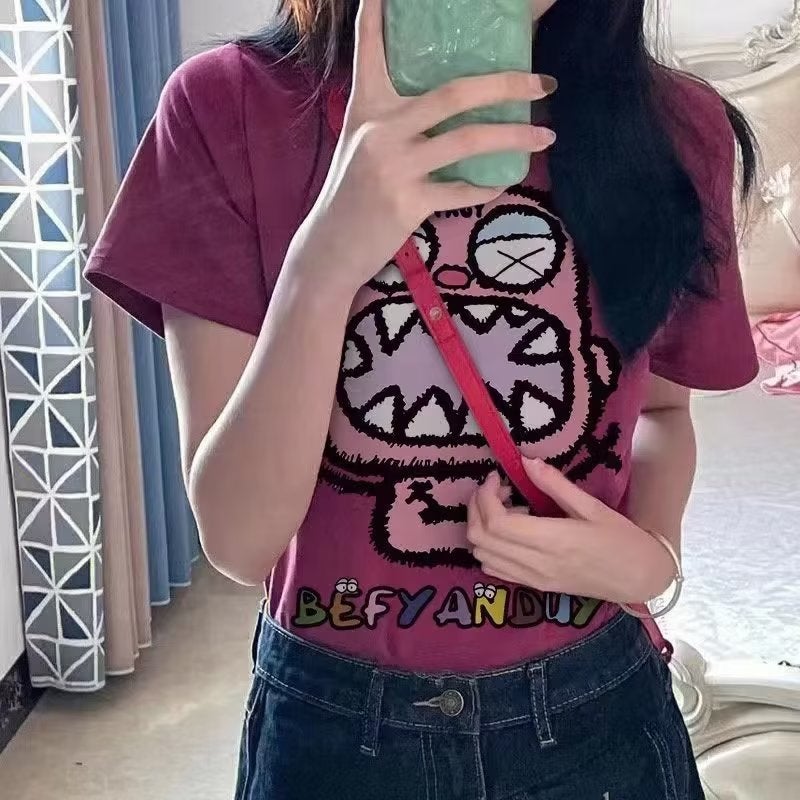 Creative Printed Short-Sleeved T-Shirt For Girls In Summer Design Niche Style Versatile Right Shoulder Top - Image 2