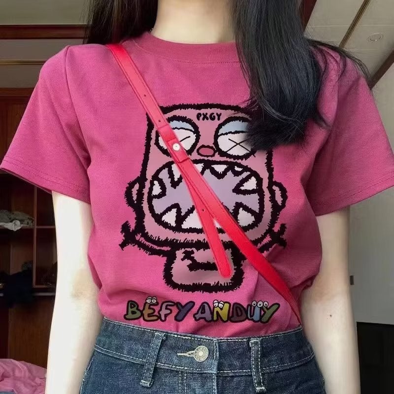 Creative Printed Short-Sleeved T-Shirt For Girls In Summer Design Niche Style Versatile Right Shoulder Top - Image 1