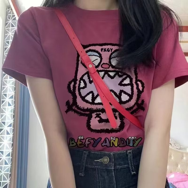 Creative Printed Short-Sleeved T-Shirt For Girls In Summer Design Niche Style Versatile Right Shoulder Top - Image 5