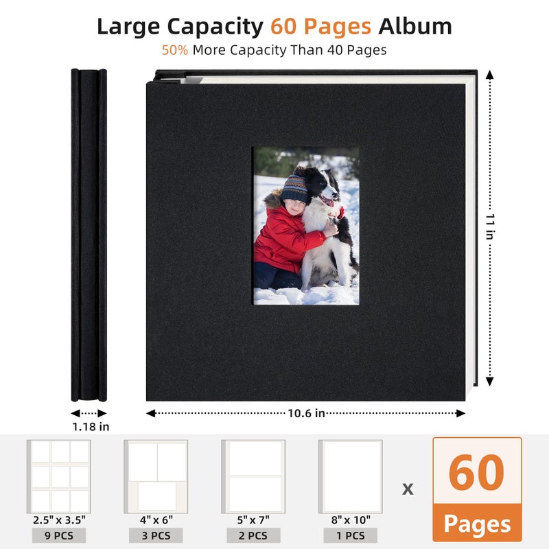 Remowith Large Self Adhesive Photo Album Scrapbook with Window Linen Cover, 60 Pages for 4x6 5x7 8x10 Photos, Family Baby Wedding Memory Book, Black 11x10.6 inch - Image 2
