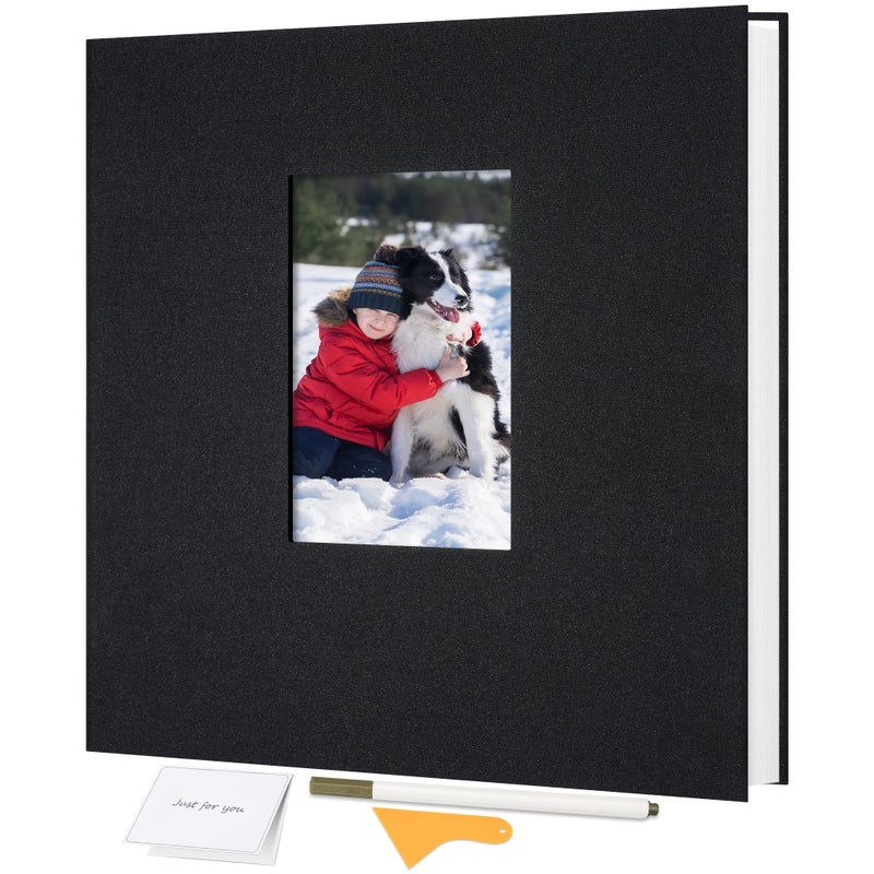 Remowith Large Self Adhesive Photo Album Scrapbook with Window Linen Cover, 60 Pages for 4x6 5x7 8x10 Photos, Family Baby Wedding Memory Book, Black 11x10.6 inch - Image 1