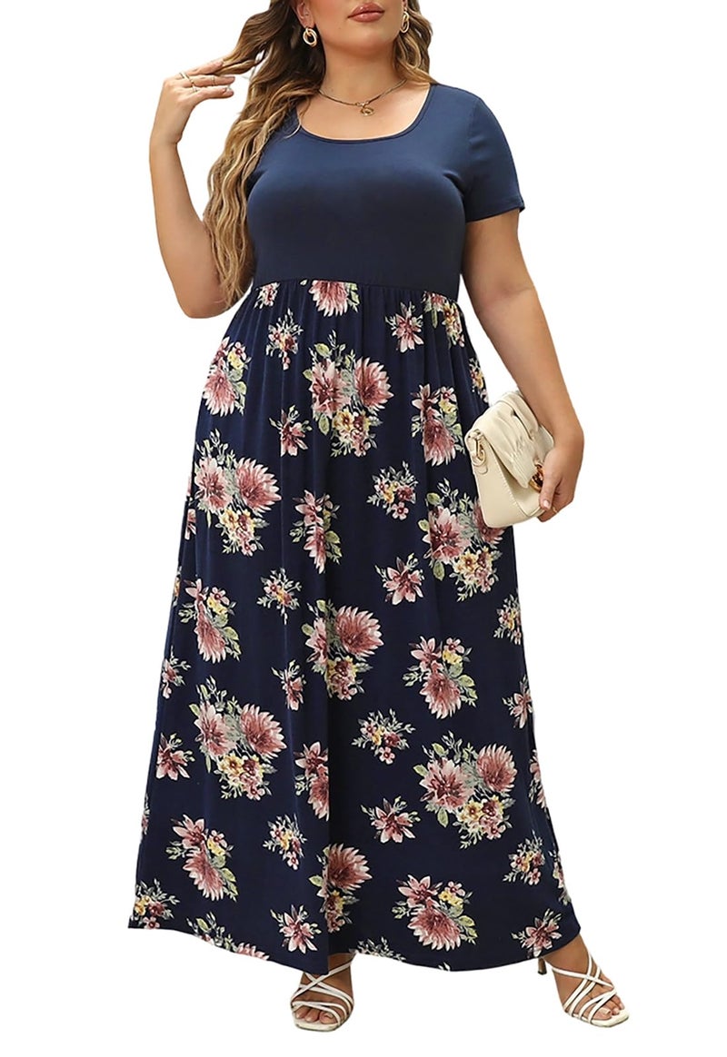 Nemidor Plus Size Maxi Dresses for Curvy Women Casual Summer Short Sleeve Chevron Print Long Dress with Pocket 14-26(155,18,Navy Print) - Image 1