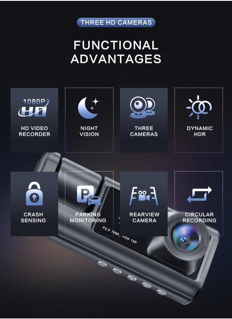Generic - Generic Three-Camera Driving Recorder with Reverse Image, Night Vision, and Auxiliary Lighting, 1080P Dashcam - Image 1