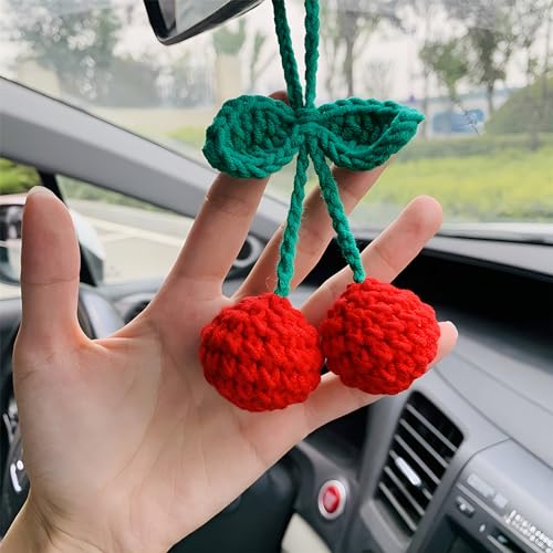 Mshion Cute Cherry Car Mirror Hanger Crochet Hand Knitted Rear View Mirror Accessory - Image 1